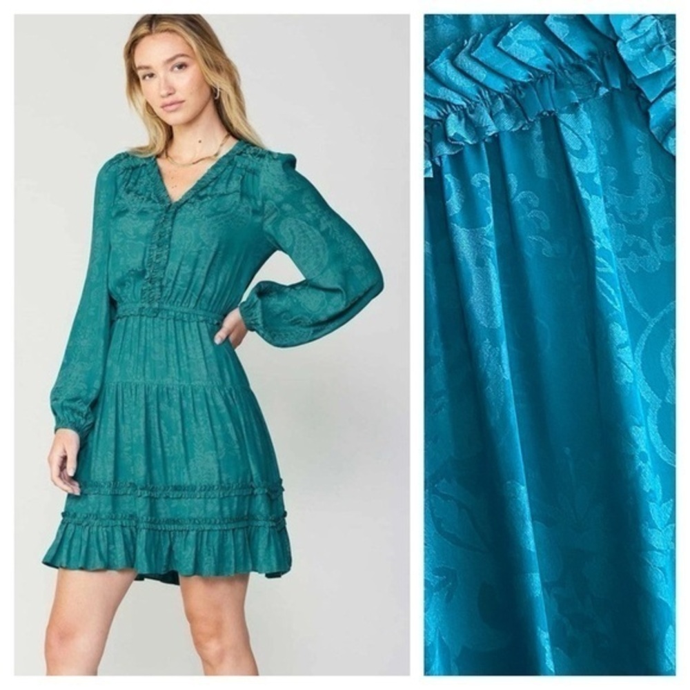 Current Air Teal Blue Floral Jacquard Long Sleeve Dress